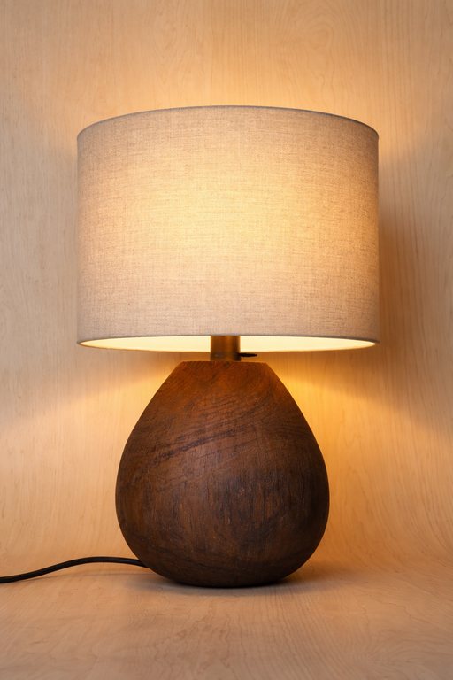 Turned timber table lamp with linen shade