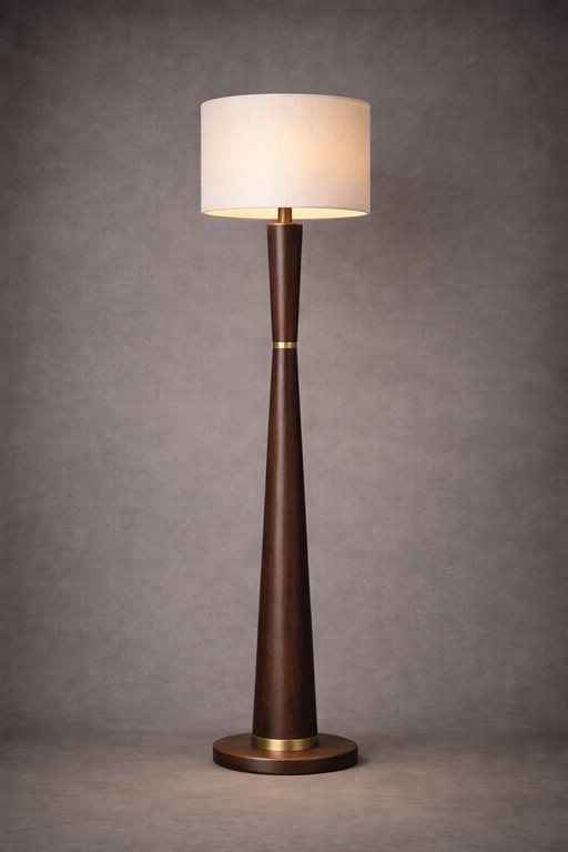 Timber floor lamp with brass collar