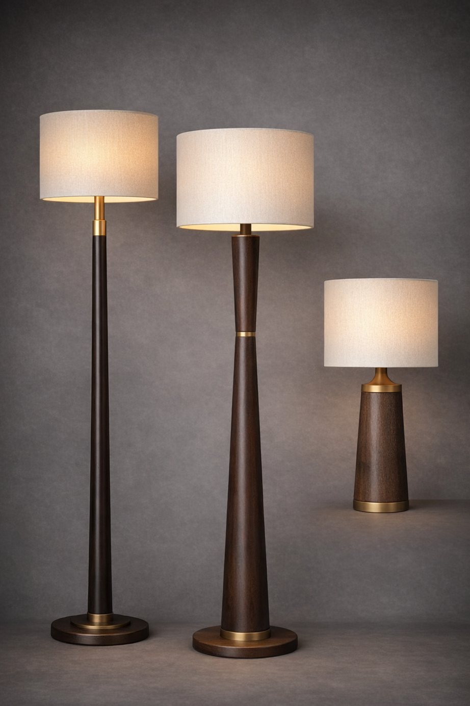 Floor and table lamps with timber stems and brass details